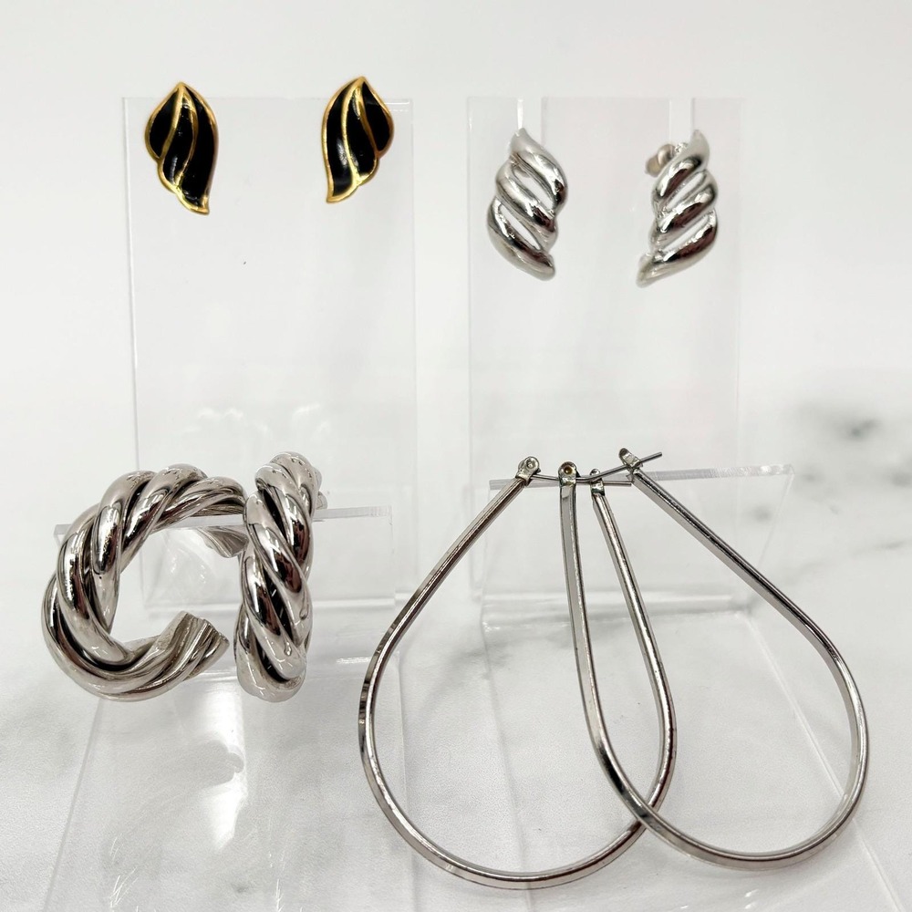 Lot of‎ 4 Earrings Silver Tone Hoops Swirl Posts Leaf Studs Mixed Styles Jewelry